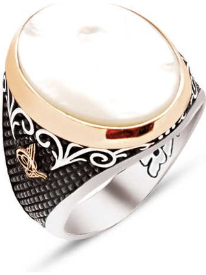 Amberkan ​​gümüş Özel Kesim Sedef Taş Kenarları Osmanlı Tuğralı Işlemeli Yüzük