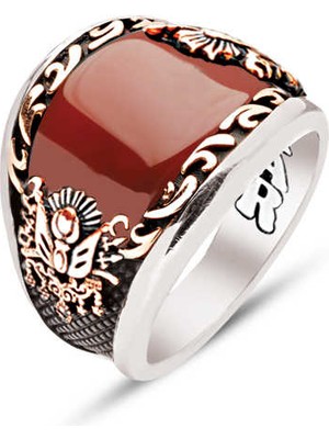 Amberkan ​​gümüş Özel Kesim Akik Kenarlar Işlemeli Osmanlı Devlet Armalı Erkek Yüzük