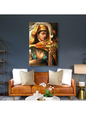 SML Tablo Elinde Meyve Tabağı Tutan Etnik Başlıklı Kadın ve Beyaz Kuş Kanvas Tablo