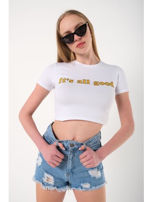 Trendseninle Kadın Its All Good Baskılı Bisiklet Yaka Oversize Crop T-Shirt