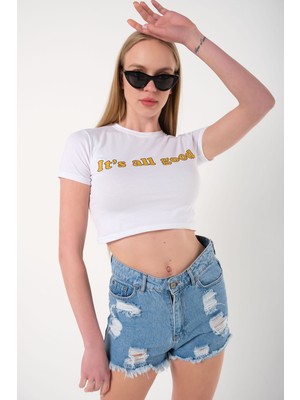 Trendseninle Kadın Its All Good Baskılı Bisiklet Yaka Oversize Crop T-Shirt