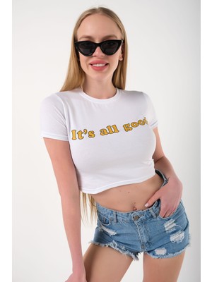 Trendseninle Kadın Its All Good Baskılı Bisiklet Yaka Oversize Crop T-Shirt