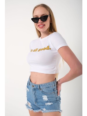 Trendseninle Kadın Its All Good Baskılı Bisiklet Yaka Oversize Crop T-Shirt