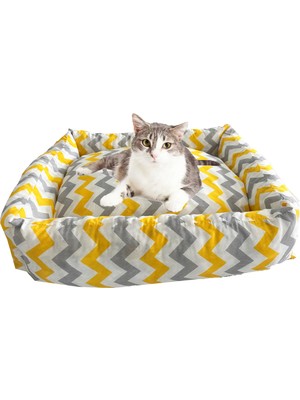 Nelson Yıkanabilir Kedi ve Köpek Yatağı Kedi Yatak 60X45X17 Cm-Sarı Gri Zikzak