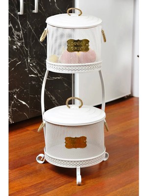 Evistro Metal Standlı 2 Katlı Delikli Patates Soğan Saklama Kovası Beyaz