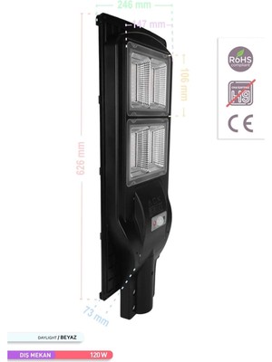 Ack 240 LED Li LED Solar Sokak Armatürü Siyah Kasa 6500K Beyaz Işık 3.2V 120W