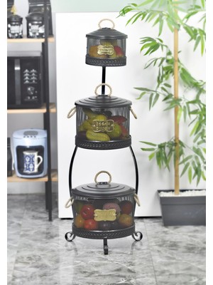 Evistro Metal Standlı 3 Katlı Delikli Patates Soğan Sarımsak Kovası Siyah