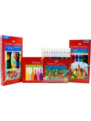Faber-Castell 4'lü Boya Seti 12'li Kuru Sulu Pastel Keçeli Boya Renkli Çizim İçin