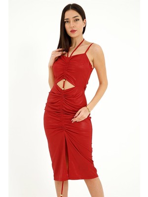 Askılı Önü Büzgülü Boncuk Detay Kadın Elbise - Kırmızı