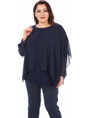 Lilas Xxl Büyük Beden Lacivert Renkli Simli Uzun Kollu Abiye Bluz