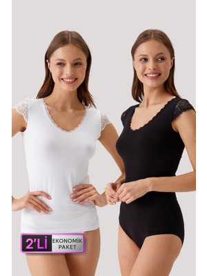 Pierre Cardin 2'li Dantelli V Yaka Siyah Beyaz Body Atlet Set Kadın İç Giyim %90 Pamuk