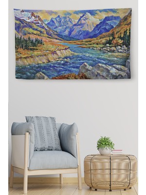 Doğal Tercih Duvar Örtüsü Kafkasya Dağları Yağlıboya Görünümlü Kaliteli Kanvas Duvar Halısı