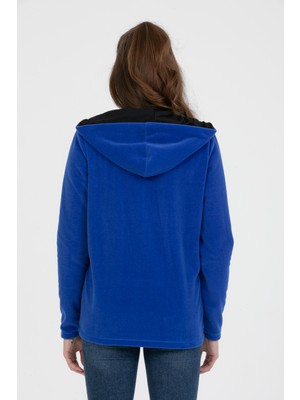 Kadın Indigo Mavi Polar Tam Fermuarlı Kapüşonlu Sweatshirt