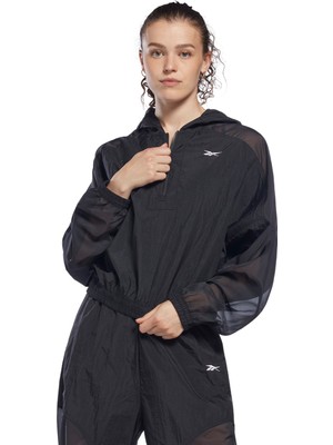 Reebok H51832 S Opaque Woven Jacket Kapüşonlu Normal Kalıp Düz Siyah Kadın Zip Ceket