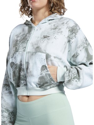 Reebok H58674 cl Cloud Splatter Fullzip Kapüşonlu Normal Kalıp Desenli Açık Yeşil Kadın Zip Ceket