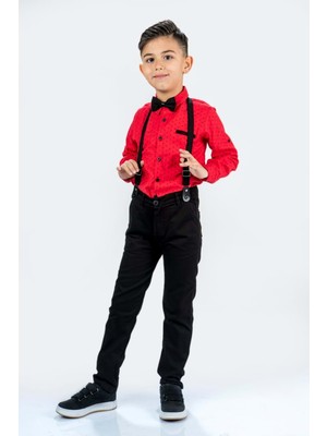 Mnk Baby & Kids Erkek Çocuk Takım Kırmızı Desenli Papyonlu 4 Parça Kombin