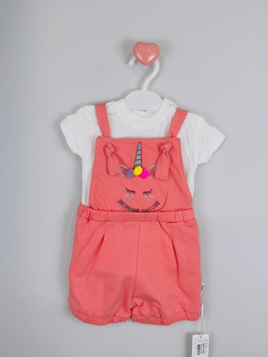 Nibby Baby Edm Kidss Unicorn Desenli 2'li Yazlık Kız Bebek Takım Askılı Salopet Düz Beyaz Tişört10