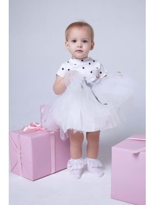 Mnk Baby & Kids Kız Puantiyeli Tütülü Kısa Kol Günlük Elbise MNK0480