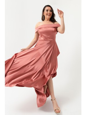 Lafaba Kadın Somon Kayık Yaka Büyük Beden Saten Abiye & Mezuniyet Elbisesi