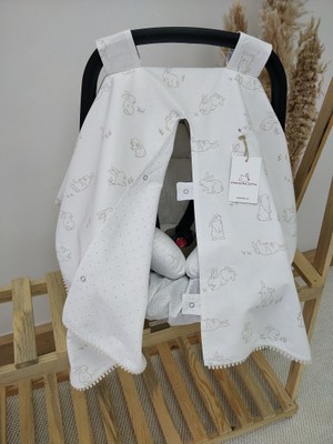 Mamaraduga Çift Taraflı Puset Örtüsü+Puset Minderi+Puset Çarşafı 3'lü Set Bej Oyuncu Tavşan