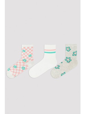 Penti Kız Çocuk Çiçekli Kareli 3Lü Soket Çorap