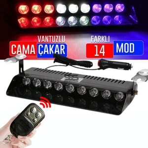 STS Oto Aksesuar Kumandalı Polis Çakarı Cam Içi Vantuzlu 9 LED Kırmızı Mavi Beyaz Çakmaklık Girişli Ön Arka Cam