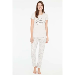 Mod Collection - Kadın Bej Melanj Yuvarlak Yaka Pijama Takımı 3867