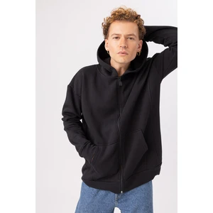 Erkek Oversize Fermuarlı Kapüşonlu Siyah Sweatshirt
