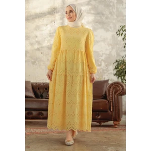 Neva Style - Kol Ucu Lastikli Sarı Tesettür Elbise 1073SR