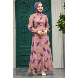 Neva Style - Desenli Mor Tesettür Elbise 27930MOR