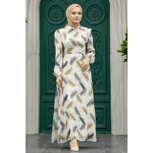 Neva Style - Desenli Bej Tesettür Elbise 27930BEJ