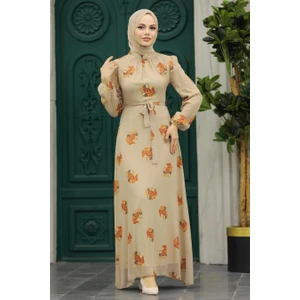 Neva Style - Çiçek Desenli Vizon Tesettür Elbise 27937V