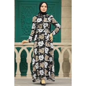 Neva Style - Çiçek Desenli Siyah Tesettür Elbise 27939S