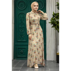 Neva Style - Çiçek Desenli Bej Tesettür Elbise 27935BEJ