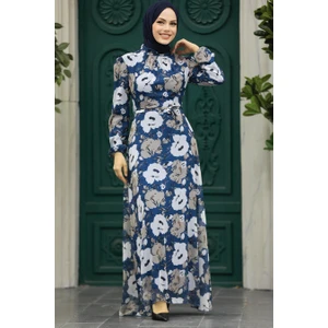Neva Style - Çiçek Desenli Indigo Mavisi Tesettür Elbise 27939IM