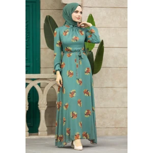Neva Style - Çiçek Desenli Çağla Yeşili Tesettür Elbise 27937CY