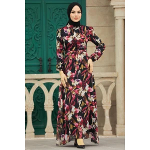 Neva Style - Çiçek Desenli Kırmızı Tesettür Elbise 27941K