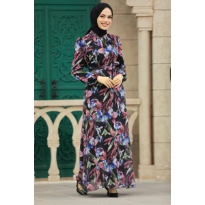 Neva Style - Çiçek Desenli Gül Kurusu Tesettür Elbise 27941GK