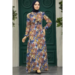 Neva Style - Çiçek Desenli Taba Tesettür Elbise 27941TB
