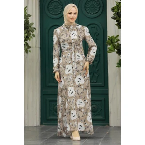 Neva Style - Çiçek Desenli Vizon Tesettür Elbise 27939V