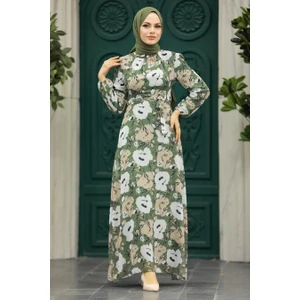 Neva Style - Çiçek Desenli Haki Tesettür Elbise 27939HK