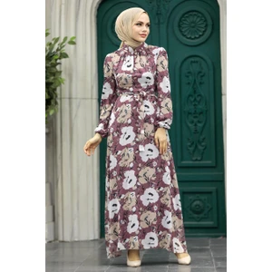 Neva Style - Çiçek Desenli Gül Kurusu Tesettür Elbise 27939GK