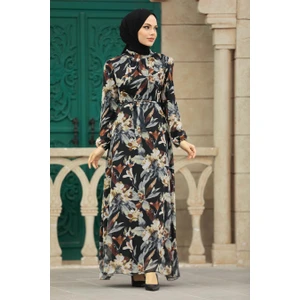Neva Style - Çiçek Desenli Siyah Tesettür Elbise 27941S