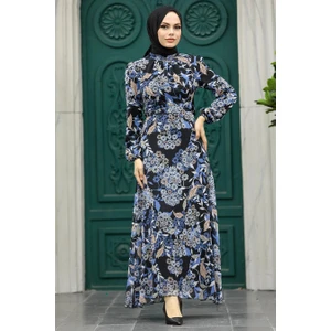 Neva Style - Çiçek Desenli Indigo Mavisi Tesettür Elbise 27950IM
