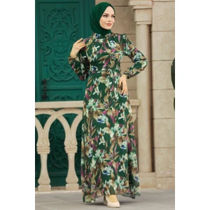Neva Style - Çiçek Desenli Zümrüt Yeşili Tesettür Elbise 27941ZY