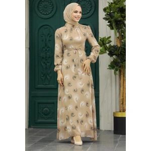 Neva Style - Desenli Bej Tesettür Elbise 27945BEJ