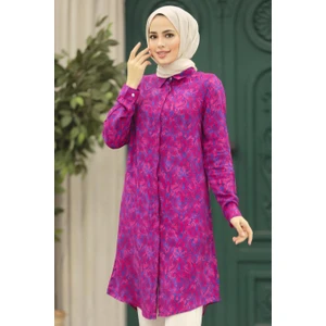 Neva Style - Desenli Fuşya Tesettür Viskon Tunik 11607F