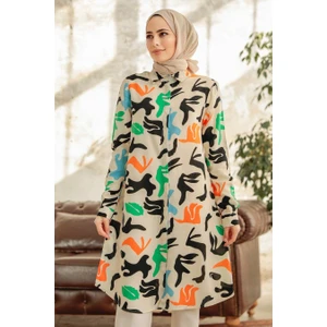 Neva Style - Desenli Bej Tesettür Viskon Tunik 11626BEJ