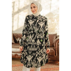 Neva Style - Desenli Siyah Tesettür Viskon Tunik 11627S