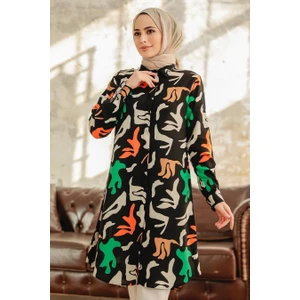 Neva Style - Desenli Siyah Tesettür Viskon Tunik 11626S